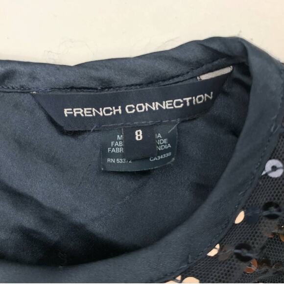 French Connection Blue Gold Sequins Sheer Sleeve Party Cocktail Dress Size 8 - Picture 4 of 9